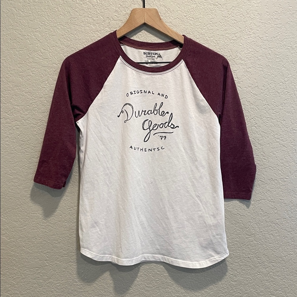 Burton Boys Graphic Baseball Tee Medium Maroon White Raglan Durable Goods Shirt